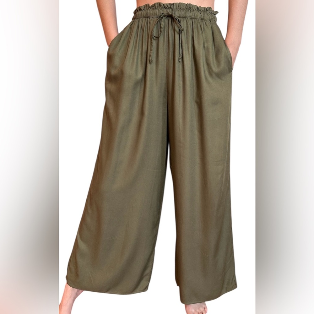 American Eagle Olive Green Drawstring Wide Leg Pants, XS SHORT